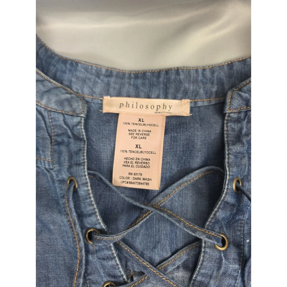 Philosophy Women's Dress Chambray Tunic Style Shirt Dress Lace Up XL Tencel